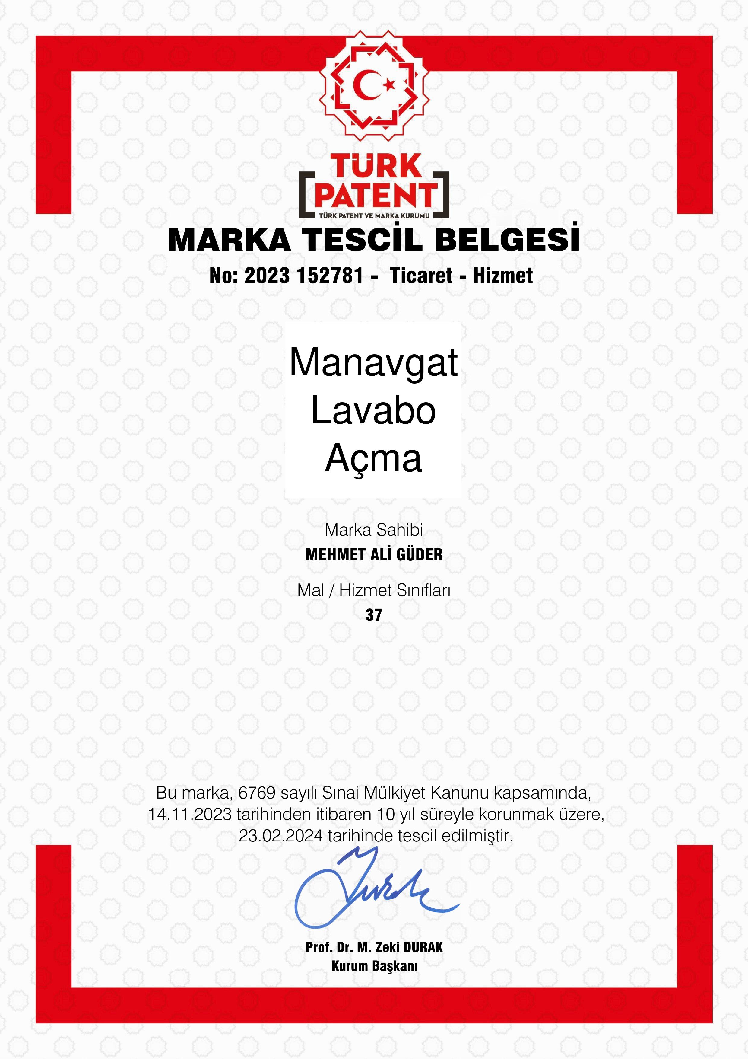 Manavgat Lavabo Açma Türk Patent Marka Tescil Belgesi